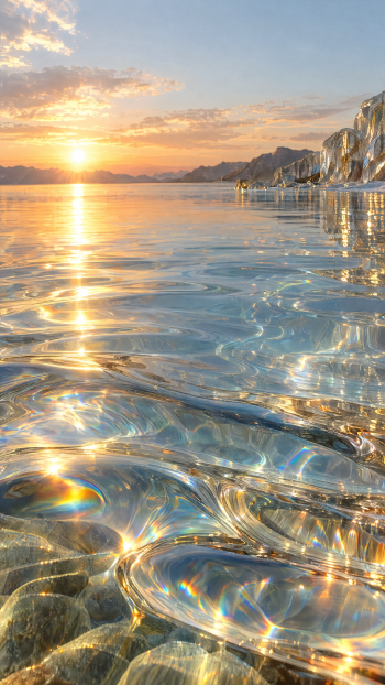 iPhone wallpaper of a calm sea landscape at sunrise, glassy water reflecting golden light over pebbles with a distant rocky shoreline.