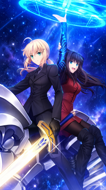 iPhone wallpaper of two anime girls (Witch On The Holy Night, Fate/Zero): a blonde in black wielding a glowing sword and a dark-haired girl raising blue magic against a starry cosmic backdrop