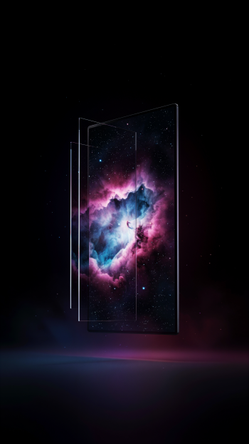 iPhone wallpaper showing layered OLED panels framing an abstract pink-and-blue nebula galaxy against deep black space with scattered stars.