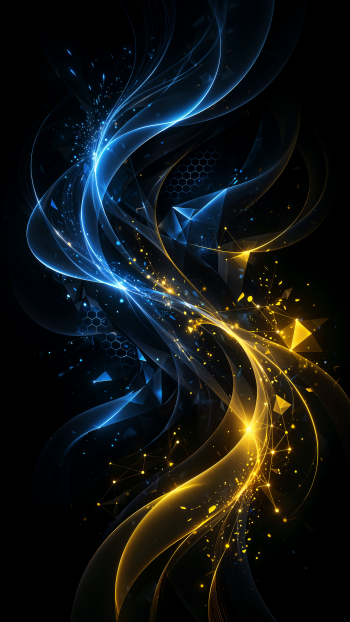 OLED abstract iPhone wallpaper: blue and gold luminous swirls and waves, sparkling particles and geometric shards on a deep black background.