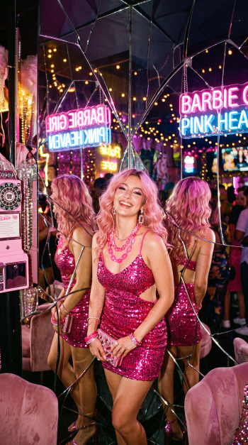 Barbiecore iPhone wallpaper: smiling woman in a sequined pink dress in a mirrored room lit by neon Barbie signs.
