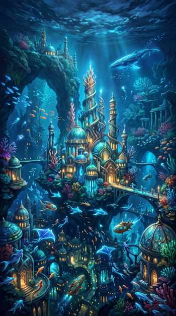 Vibrant underwater city of glowing domes and spiral towers amid coral reefs, schools of fish and a passing whale beneath ocean light beams — detailed phone/iPhone wallpaper.