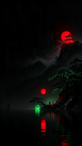 iPhone OLED wallpaper: a blood-red moon looms behind a mountaintop temple; red and green lanterns cast reflections across a dark, misty lake framed by pine silhouettes.