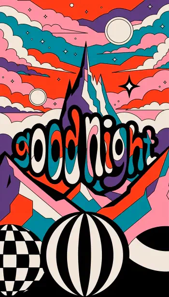 Colorful psychedelic iPhone wallpaper featuring bold goodnight text atop a jagged mountain, layered clouds, moons, stars and geometric black-and-white spheres.