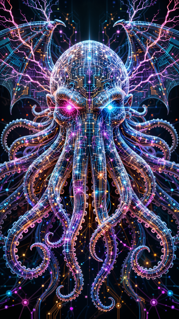 Neon cyber Cthulhu with circuit-board skull, glowing eyes, writhing tentacles and wings — vertical iPhone wallpaper.