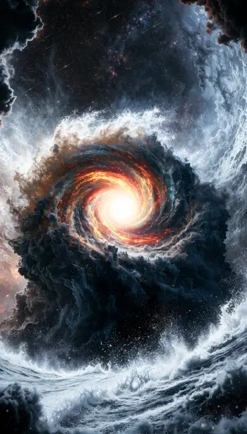 Vertical iPhone wallpaper of a swirling space vortex: a bright galactic core surrounded by turbulent nebula clouds.