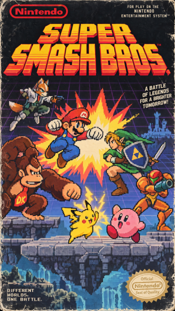 iPhone wallpaper of Super Smash Bros. Nintendo video game box-art: Mario, Link, Donkey Kong, Pikachu, Kirby and Samus clashing on a retro battle stage.