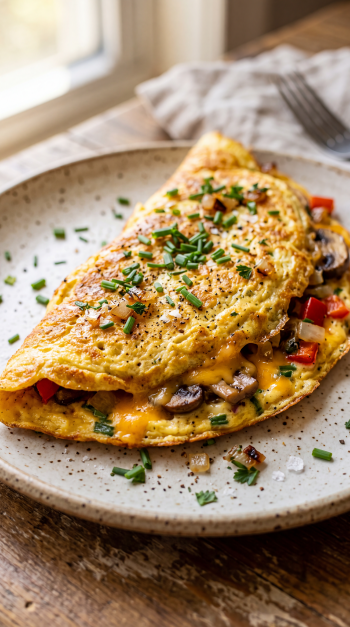 iPhone wallpaper of a golden egg omelette stuffed with melted cheese, mushrooms and bell peppers, sprinkled with chives on a rustic plate — a cozy breakfast scene.