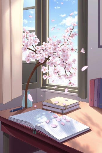 Cozy anime iPhone wallpaper with sakura blossoms drifting past a sunlit window on a breezy spring day.