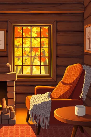 Cozy anime phone wallpaper of a warm cabin nook with an orange armchair, knitted blanket, and glowing autumn leaves outside the window.