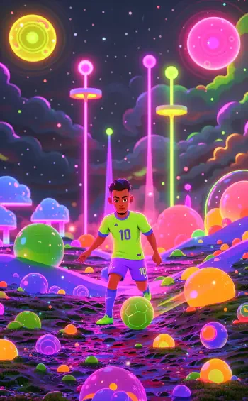 Colorful cartoon Neymar in a Brazil soccer jersey dribbling a soccer ball through a neon fantasy landscape, phone wallpaper.