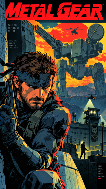 Metal Gear video game poster featuring Solid Snake against a fiery military base, designed as a vertical iPhone wallpaper.