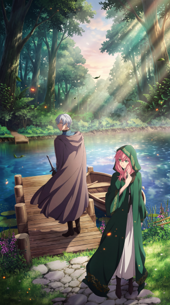 Anime iPhone wallpaper of a green-hooded witch and her crush by a forest river, from “Hello, I Am a Witch and My Crush Wants Me to Make a Love Potion.”