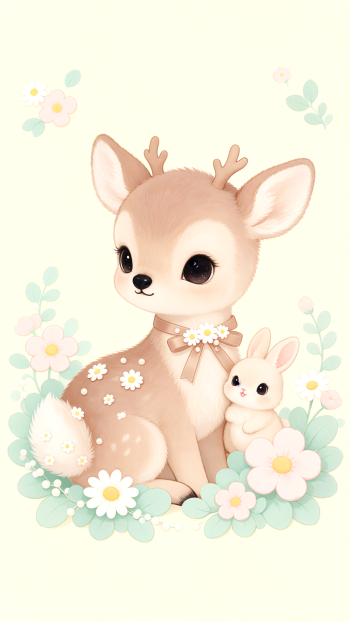Cute baby deer and bunny surrounded by pastel flowers, illustrated iPhone wallpaper.
