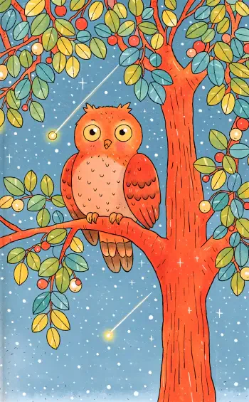 Cute orange owlet perched in a colorful tree beneath falling stars, illustrated iPhone wallpaper.