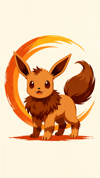 Cute Eevee Pokémon fox standing before an orange brushstroke circle, illustrated as a vertical iPhone wallpaper.