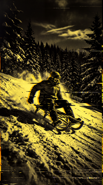 Dramatic snowmobile sledding through a snowy forest at night, a bold iPhone wallpaper in golden yellow and black.
