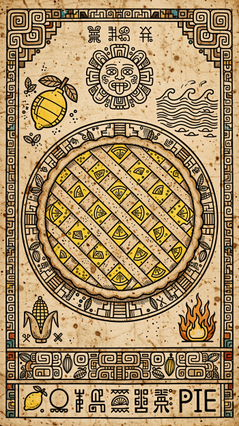 Ancient-inspired lemon pie illustration with citrus, sun, and decorative symbols on a parchment-style iPhone wallpaper.