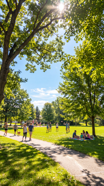 Sunny park iPhone wallpaper with leafy trees framing a winding path, people walking and relaxing on the grass.