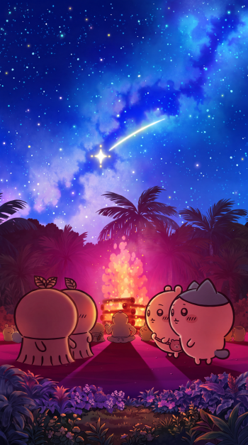 Chiikawa cartoon characters gather around a campfire beneath a shooting star on Mermaid Island, in a starry iPhone wallpaper inspired by Chiikawa the Movie.