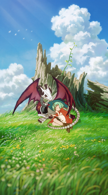 Anime phone wallpaper of a green-haired girl resting beside a winged skull dragon in a sunlit meadow, from Skull Dragon’s Precious Daughter.