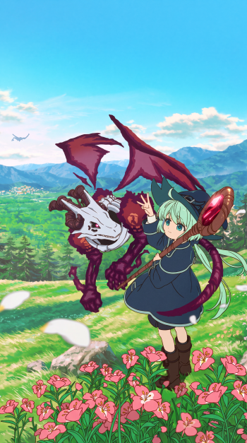 Skull Dragon’s Precious Daughter anime phone wallpaper featuring a green-haired girl beside a skull-faced dragon in a flower-filled meadow.