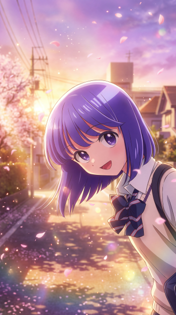 Walking Home with You anime romance phone wallpaper featuring a smiling purple-haired schoolgirl on a sunset-lit street with falling petals.