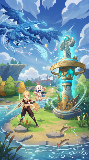 Genshin Impact iPhone wallpaper featuring Aether and Paimon beside a glowing statue as a majestic blue dragon soars overhead.