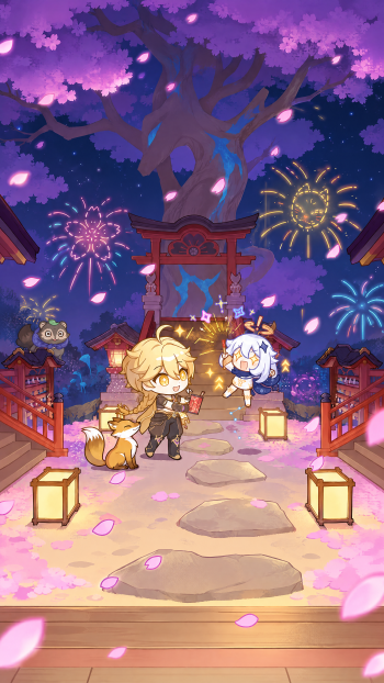 Genshin Impact iPhone wallpaper of Aether and Paimon beneath cherry blossoms, with glowing lanterns and fireworks at a shrine festival.