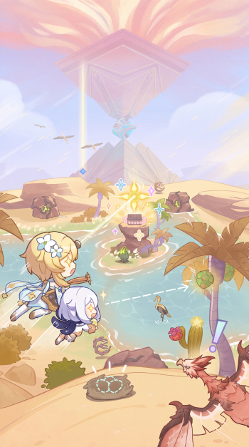 Genshin Impact iPhone wallpaper of Lumine and Paimon overlooking a sunlit desert oasis.