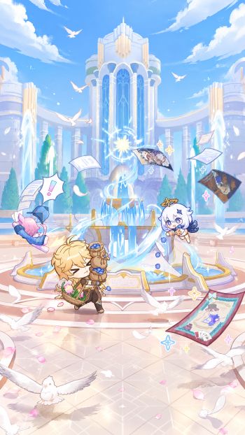Genshin Impact phone wallpaper featuring Aether and Paimon in a bright celestial palace with flowing water and blue skies.