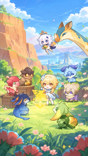Genshin Impact iPhone wallpaper featuring Lumine and Paimon among colorful creatures in a sunny meadow.
