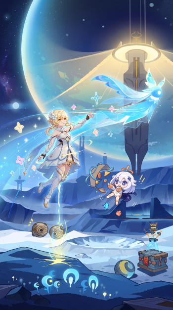 Genshin Impact iPhone wallpaper featuring Lumine and Paimon beneath a glowing celestial portal in a starry blue landscape.