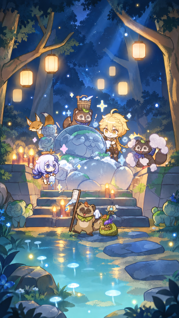 Genshin Impact iPhone wallpaper of Aether and Paimon exploring a lantern-lit forest stream with playful creatures.