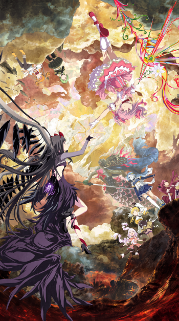 Puella Magi Madoka Magica: Walpurgisnacht Rising iPhone wallpaper featuring Madoka Kaname and magical girls amid a dramatic sky battle.