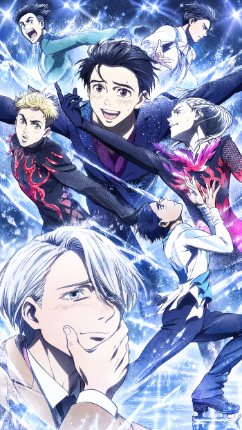 Yuri!!! on ICE iPhone wallpaper featuring Victor Nikiforov and the skaters in a sparkling blue ice rink
