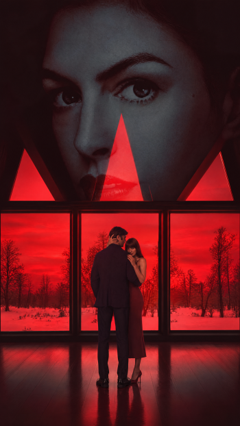Verity (2026) iPhone wallpaper featuring Anne Hathaway and Dakota Johnson in a dramatic red-lit scene.