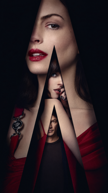 Verity (2026) iPhone wallpaper featuring Anne Hathaway in a dramatic layered portrait with dark triangular collage details.