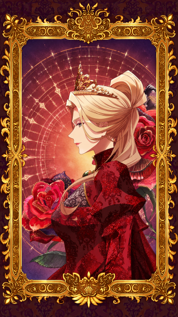 The Remarried Empress phone wallpaper featuring Navier in a crimson gown, surrounded by red roses within an ornate gold frame.