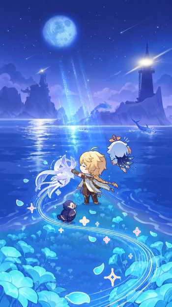 Genshin Impact anime iPhone wallpaper of Aether and Paimon by a glowing moonlit sea.