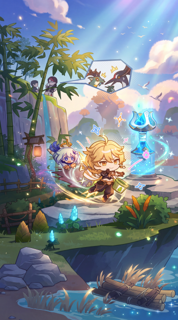 Genshin Impact anime iPhone wallpaper featuring Aether and Paimon exploring a glowing, tropical landscape.