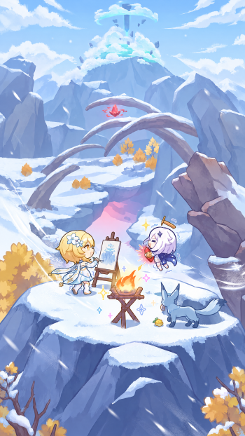 Genshin Impact anime phone wallpaper of Lumine and Paimon painting beside a campfire on a snowy mountain, with a blue wolf nearby.