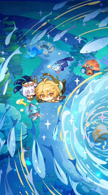 Genshin Impact iPhone wallpaper of Aether and Paimon swimming underwater among sea creatures and sparkling blue currents.