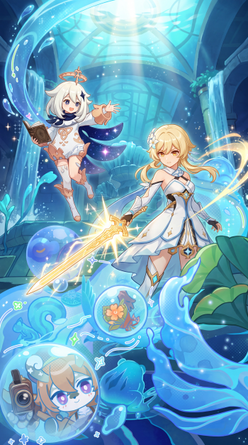 Genshin Impact iPhone wallpaper featuring Lumine with a glowing sword and Paimon floating through a sparkling blue underwater scene.