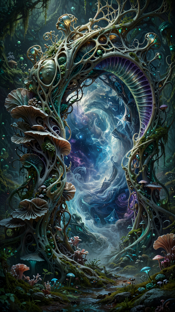 Fantasy portal glowing in an enchanted forest, framed by twisting roots and mushrooms in a detailed iPhone wallpaper.