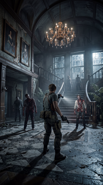 Resident Evil survival horror iPhone wallpaper featuring a soldier confronting zombies in a dim, grand mansion.