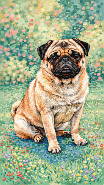 Colorful painted pug sitting among flowers, a cheerful dog iPhone wallpaper