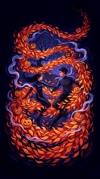 Halloween couple dancing among swirling autumn leaves and glowing pumpkins, illustrated iPhone wallpaper.