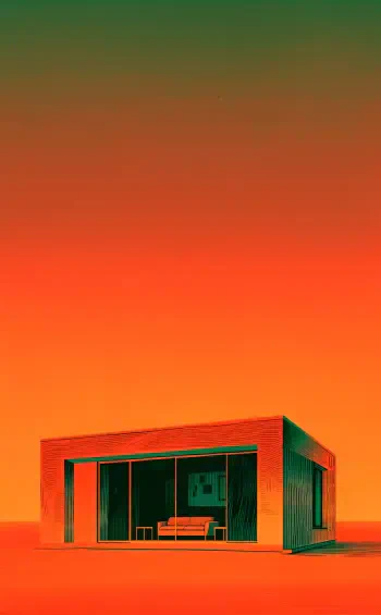 Modern architecture home with sleek glass walls beneath a vivid orange sunset, a striking iPhone wallpaper.