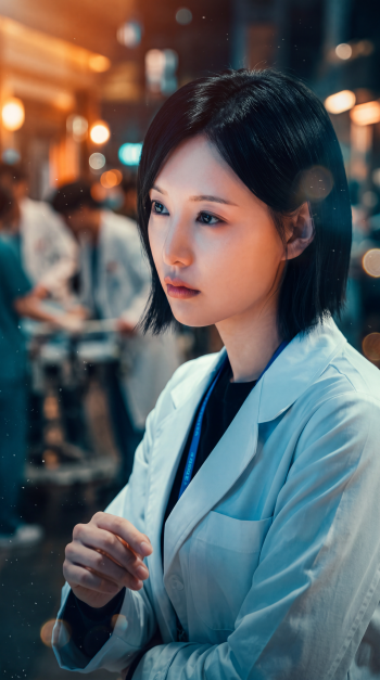 Kim Ji-won as a focused woman doctor in a white coat, portrait from Doctor X Mafia in White, cinematic iPhone wallpaper.